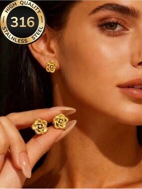 🌺 New Gold Rose Stainless Steel Stud Earrings - Women Jewelry stainless steel